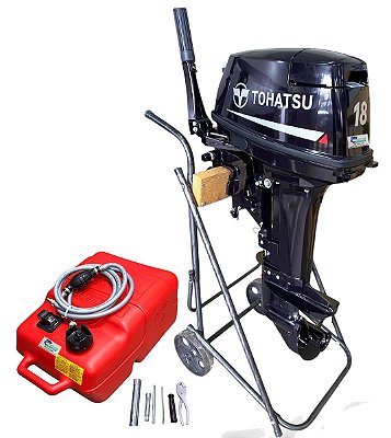 Motor de popa Tohatsu 18 HP 2 Tempos M18E2S + Kit carrinho de transporte/capa de capo/1 litro de oleo TCW-3