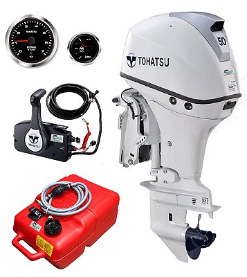 MOTOR DE POPA TOHATSU MFS50AWETL – 50 HP 4 TEMPOS COM COMANDO À DISTÂNCIA, PARTIDA ELÉTRICA, RABETA LONGA E POWER TRIM BRANCO - PREÇO P. RURAL E PJ