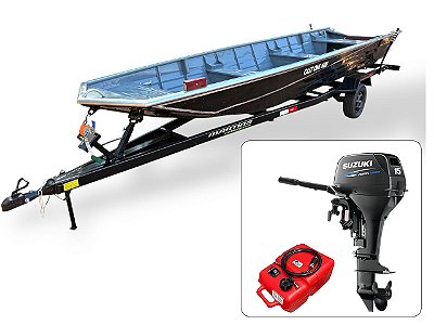 Barco de alumínio Cast One 600 + Motor de popa Suzuki 15 Pro HP 2T com Manche + Carreta Rodoviária - Preço do motor para PJ