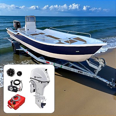 Barco de fibra Martinelli Xaréu 650 GT com Tohatsu 60 hp 4T Branco Power Trim 20"+ Carreta Rodoviária Galvanizada + acessórios de navegação instalados - Preço motor para PJ ou Produtor Rural