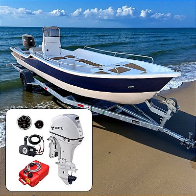 Barco de fibra Martinelli Xaréu 650 GT com Tohatsu 50 hp 4T Branco Power Trim 20"+ Carreta Rodoviária Galvanizada + acessórios de navegação instalados - Preço motor para PJ ou Produtor Rural