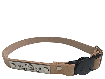 LabCollar Natural Cat / Coleira Premium em Couro Legítimo com Plaquinha de Identificação para Gatos