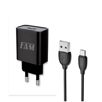 Carregador Completo 1 Entrada USB 2.1A x V8 com Cabo 1.2m FKT-1208 - FAM
