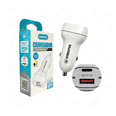 Carregador Veicular 15W 5A com 2 Entradas USB + USB-C CV206 - Kimaster