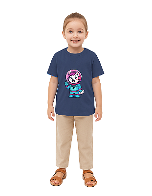 CAMISETA T-SHIRT INFÂNTIL ASTRONAUTA LUNA- TAMANHO 08- 100% ALGODÃO 30.1- AZUL ESCURO