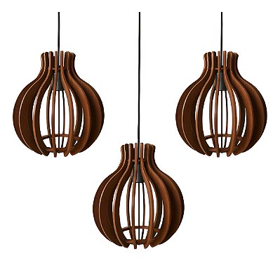 Kit 3 Lustre Pendente Luminaria Rustica Sala Cozinha Madeira
