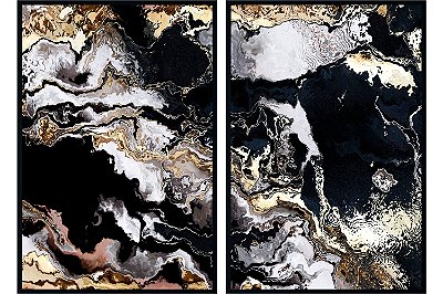 Quadro Abstrato 2 Telas - Black, Gold, Silver