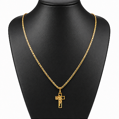 Cordão Italiano PIASTRINE 3mm Banhado a OURO 18K + Pingente Crucifixo Vazado