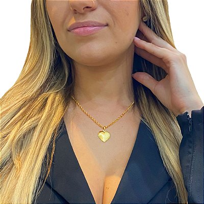 Cordão Feminino 3,5mm Elo Português Banhado a Ouro 18K com Pingente Coração