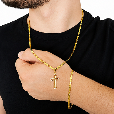 Cordão e Pulseira Italiana PIASTRINE 3mm Banhado a OURO 18K + Crucifixo Vitoriano