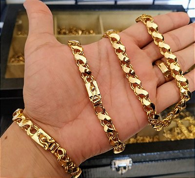 Cordão e Pulseira Friso S 8mm Fecho Gaveta e Trava Banhado a Ouro 18K