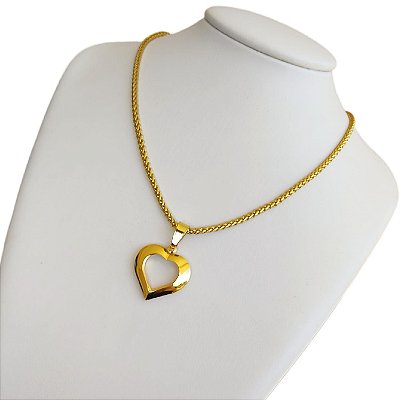 Cordão Feminino Escama 3mm com fecho Canhão Banhado a Ouro 18K + Pingente Coração