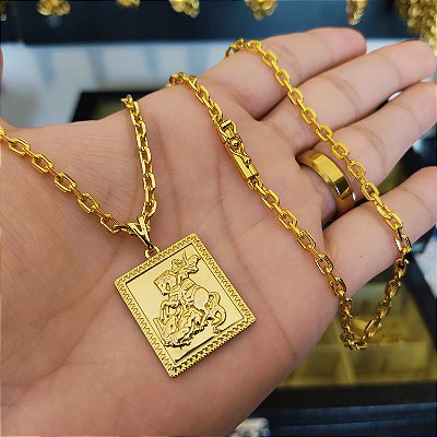 Corrente Cadeado 4mm Fecho Canhão Banhada a Ouro 18K + Pingente São Jorge