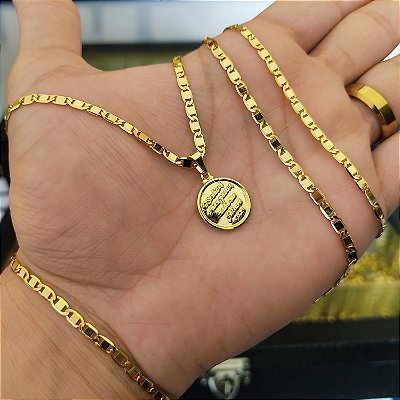 Cordão e Pulseira Italiana Piastrine Banhado a Ouro 18K + Pingente Salmo 23 "O Senhor é meu Pastor"