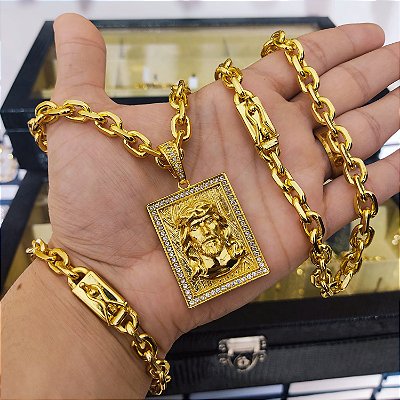 Cordão e Pulseira Cadeado 9mm com Fecho Gaveta e Trava + Pingente Jesus Cravejado