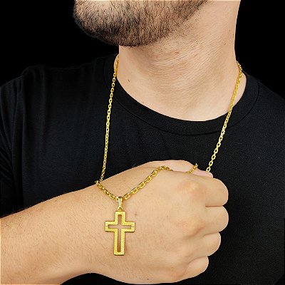 Corrente Cadeado 4mm Fecho Canhão Banhada a Ouro 18K + Pingente Cruz Vazada