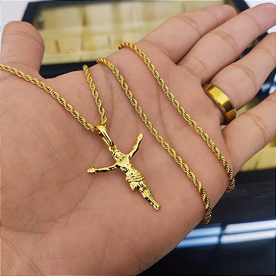 Cordão Masculino Trançado Banhado a Ouro 18K + Pingente Jesus