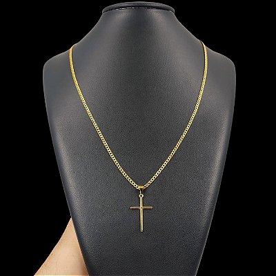 Cordão 2mm com fecho GAVETA e TRAVA Banhado a Ouro 18K + Pingente Crucifixo
