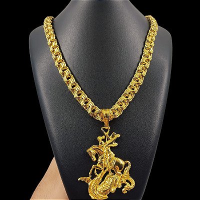 Cordão Friso Triplo 13mm Banhado a Ouro 18K Com Pingente São Jorge