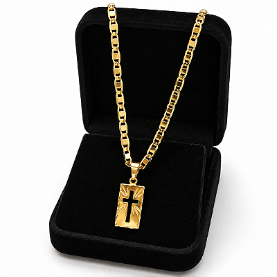 Cordão Italiano Piastrine 3mm Banhado a Ouro 18K + Medalha Crucifixo