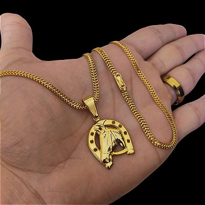 Cordão Laminado 4mm Banhado a Ouro 18K + Pingente Ferradura