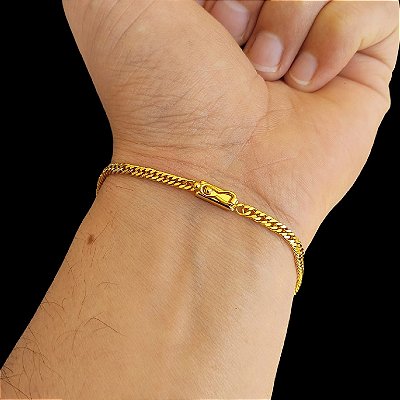 Pulseira 3MM Grummet Dupla Fecho com Trava Banhado a Ouro 18K