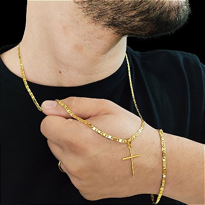 Cordão e Pulseira Italiana Piastrine 3mm Banhada a Ouro 18K + Cruz Palito