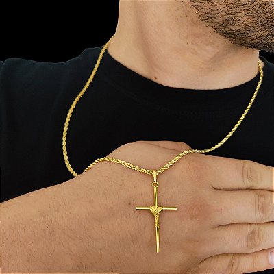 Cordão Masculino Trançado Banhado a Ouro 18K + Cruz Amarrada