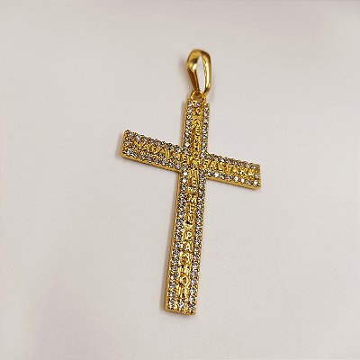 Pingente Cruz "O Senhor é meu Pastor" Cravejado e Banhado a Ouro 18K