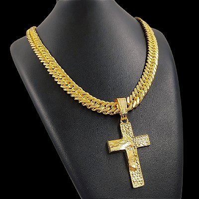 Cordão 13mm Grummet Lacraia Banhado a Ouro 18K + Crucifixo Jesus Cravejado