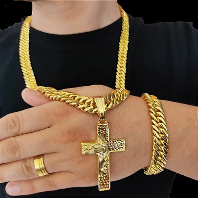 Cordão e Pulseira Lacraia 13mm Banhado a Ouro 18K + Crucifixo Jesus Cravejado
