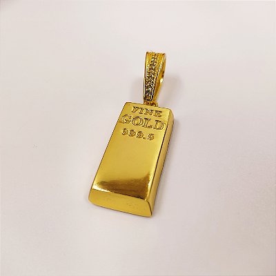 Pingente Barra de Ouro Fine Gold Médio com Contra argola Cravejada Banhado a Ouro 18K