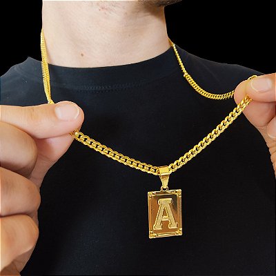 Cordão PitBull 5mm Trava Dupla Marcação 750 Banhado a Ouro 18K + Pingente Letra