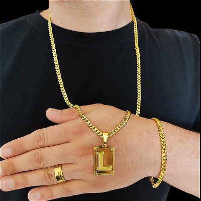 Cordão e Pulseira PitBull 5mm Trava Dupla Marcação 750 Banhado a Ouro 18K + Pingente Letra