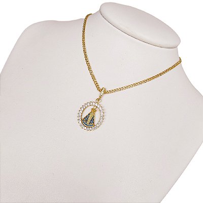 Cordão Feminino 2mm 35cm Banhado a Ouro 18K com pingente Nossa Senhora Cravejado