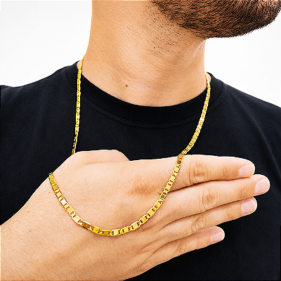 Cordão Italiano Piastrine 4mm 70cm com fecho Duplo 750 Banhado a Ouro 18K