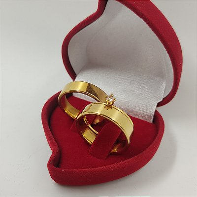Par de Alianças 6mm RETA Banhado a Ouro 18K + Solitário com Pedra de Zircônia