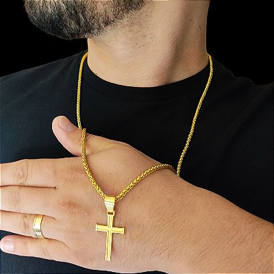Cordão Masculino Peruano 4mm com 70cm Banhado a Ouro 18K + Pingente Cruz Templária