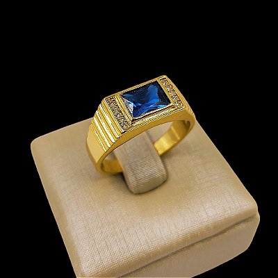 Anel Pedra Azul Cravejado (Estilo Formatura) Banhado a Ouro 18K