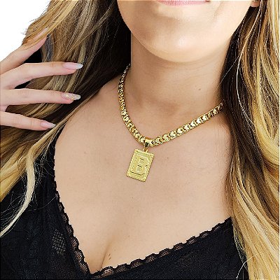 Cordão Feminino Friso Coração 8mm com Fecho Duplo + Pingente Letra