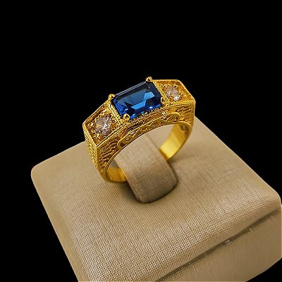 Anel Italiano Pedra Azul Cravejado Banhado a Ouro 18K