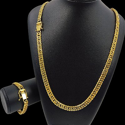 Cordão e Pulseira 10mm Grummet Dupla com Fecho 750 Banhada a Ouro 18K