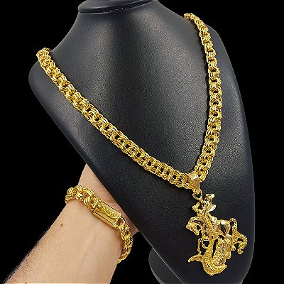 Cordão e Pulseira Friso Triplo Banhado a Ouro 18K + Pingente São Jorge