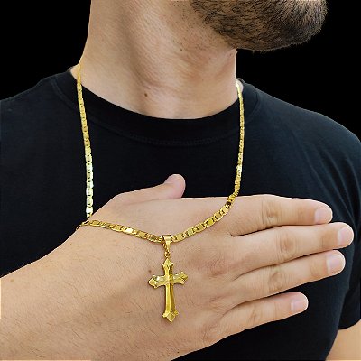 Cordão Italiano Piastrine 4mm fecho Duplo 750 Banhado a Ouro 18K + Cruz Vitoriana Trabalhada