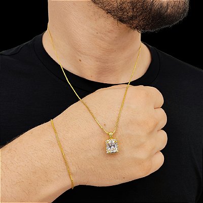 Cordão e Pulseira Veneziana Banhada a Ouro 18K + Pingente Pedra Cristal