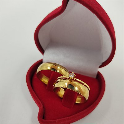 Par de Alianças Tradicionais 6mm Banhadas a Ouro 18K + Solitário com Pedra de Zircônia