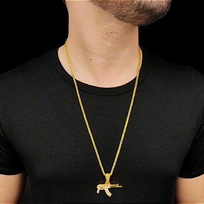 CORDÃO MASCULINO PERUANO + FUZIL CRAVEJADO BANHADO A OURO 18K