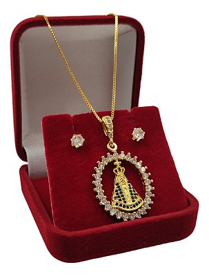 Conjunto Feminino Nossa Senhora Cravejada + Par de Brincos | Cordão Veneziano 45cm