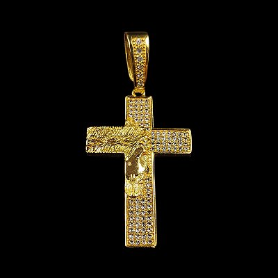 Pingente Crucifixo Cravejado Rosto de Jesus Banhado a Ouro 18K