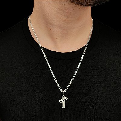 Cordão Italiano Piastrine 3mm e Pingente Crucifixo 3D Banhado a Prata 925